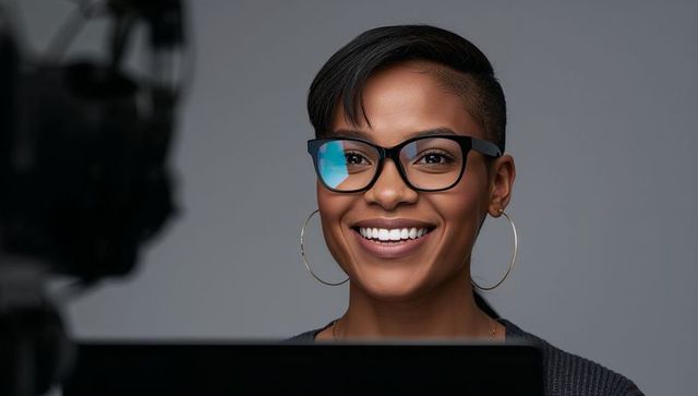 Smiling tech presenter wearing blue-light glasses hosting virtual broadcast and webinar