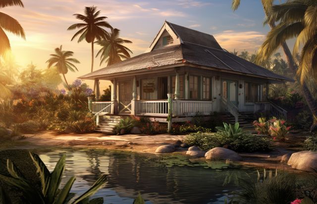 Bungalow under palms in sunset in nature, created using generative ai technology. Home, architecture and property concept digitally generated image.