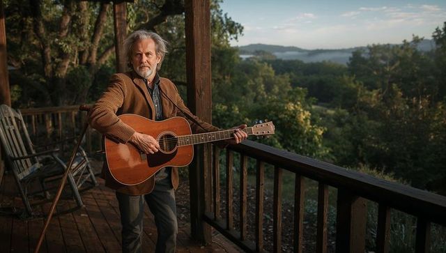 Man with Guitar on Wooden Porch Enjoying Peaceful Nature