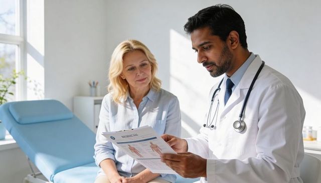Doctor consulting senior woman reviewing brochure with anatomy chart for treatment planning