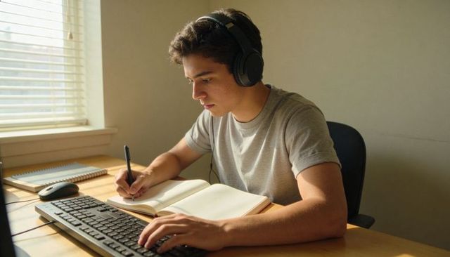 Focused young man studying with headphones writing notes while typing on keyboard at desk
