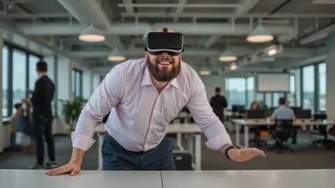 Smiling Man Using VR Headset in Modern Office