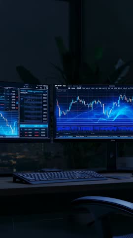 Camera Tilting Revealing Swinging Lamp Brightening Dual Trading Monitors in Night Workspace