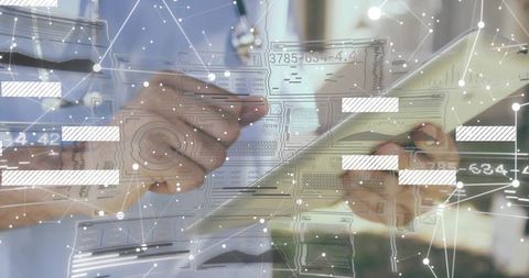 Hands holding card tapping tablet with digital data overlays for fintech transactions