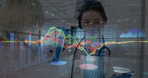 Female doctors analyzing data with digital interface overlay
