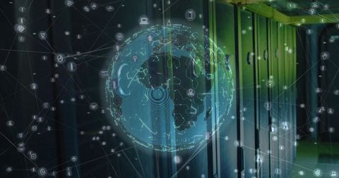 Holographic global network hovering over server racks in data center connecting devices
