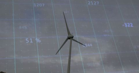 Wind turbine with digital data overlay symbolizing renewable energy analytics