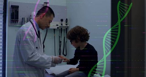 Doctor Conducting Pediatric Examination with DNA Overlay Symbolism