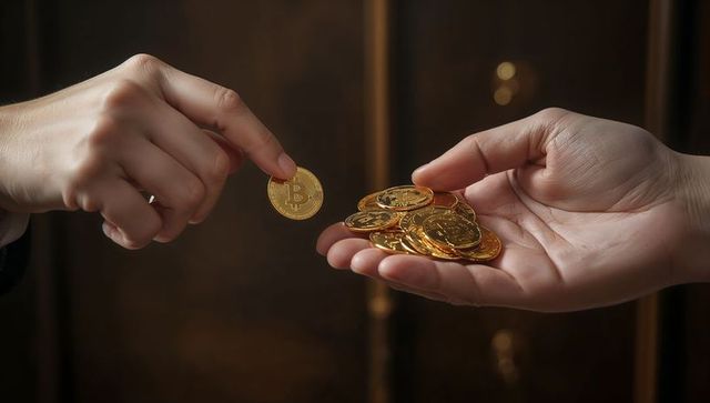 Hand exchanging bitcoin coin over cupped palm holding stack crypto coins in dim interior