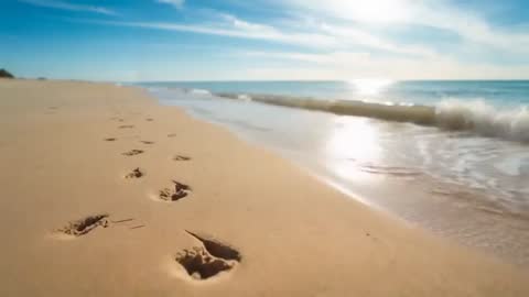 Footprints on Sandy Beach as Tide Softens Imprints and Sunlight Reflects on Waves