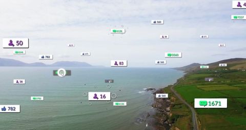 Digital engagement icons over scenic coastal landscape