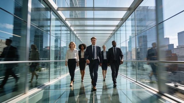 Walking executive team striding through glass skywalk with urban skyline reflections