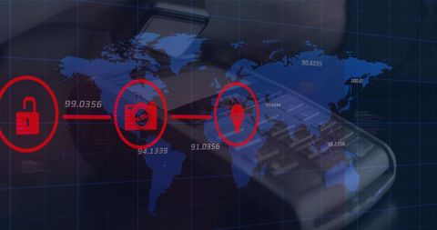 Global Cybersecurity Icon Overlay on Digital World Map