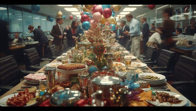 Festive office holiday party with ornamental decorations