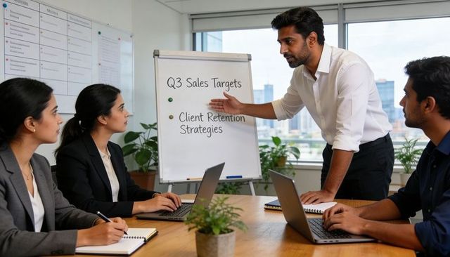 Leading team presenting q3 sales targets and client retention strategies in boardroom