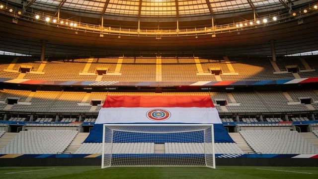 Sunlit empty stadium framing red white blue tricolor with emblem behind soccer goal on pitch