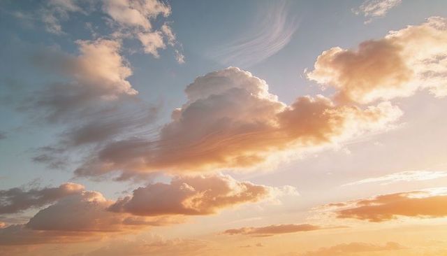 Golden cumulus cluster glowing over pastel dusk sky with cirrus streaks and sun rays