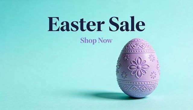 Lavender embossed easter egg on mint backdrop featuring bold easter sale text and shop now