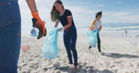 Eco Volunteers Engaged in Beach Cleanup on Sunny Day