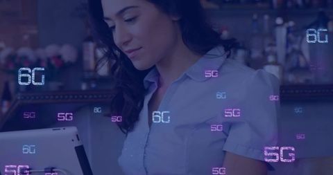 Woman at Cafe Using Tablet with Digital Overlay Elements