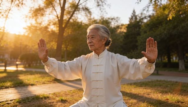 Senior asian woman practicing tai chi in park at sunrise wearing traditional white uniform