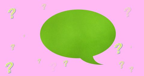 Colorful speech bubble and question marks on pink background