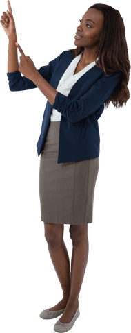 Transparent Businesswoman Gesturing Confidently in Presentation Stand