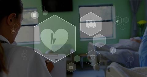 Doctor Analyzing Digital Medical Icons in Hospital Setting