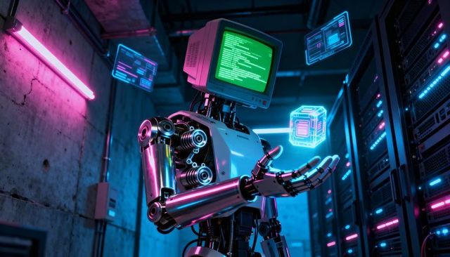 Crt-head robot manipulating holographic cube in neon cyberpunk datacenter chrome android