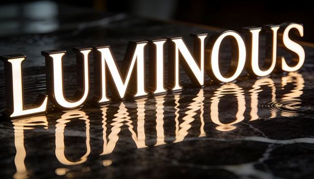 Luminous backlit letter sign reflecting on wet marble with warm ripples