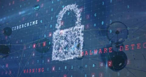 Glowing Digital Padlock with Cybercrimes and Malware Detection