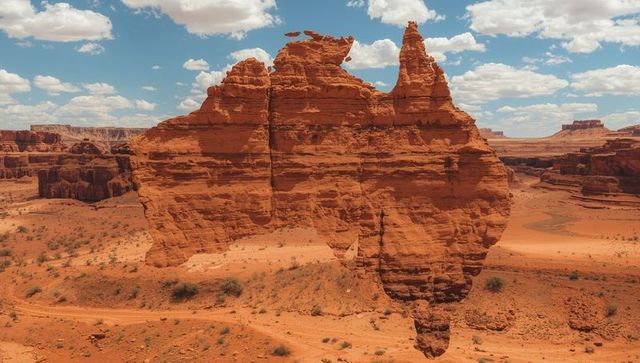 Majestic sandstone monolith in arid desert landscape