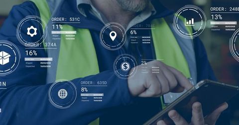 High-tech logistics management with digital dashboard overlay