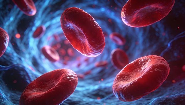 Flowing red blood cells circulating through microvessel lumen, 3d medical render