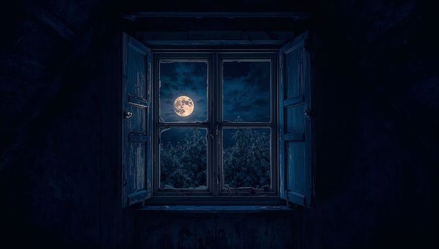 Full moon through rustic attic window