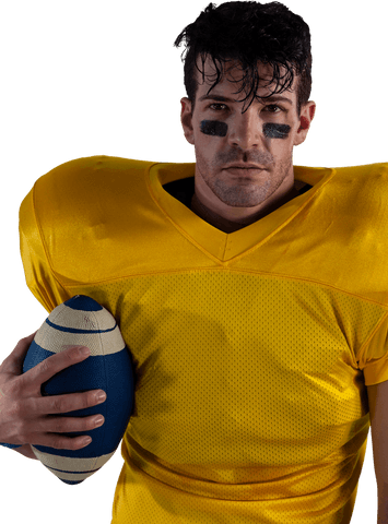 Serious American Football Player in Yellow Transparent Jersey Holding Ball