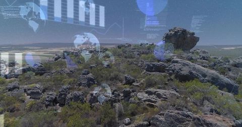 Augmented reality hud overlaying rugged rocky outcrop on semiarid plateau at horizon