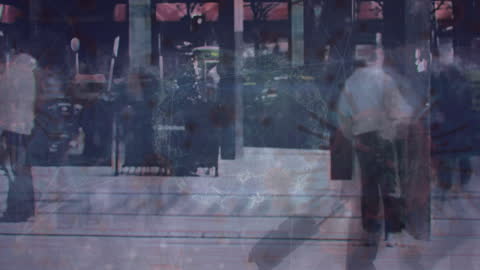 Overlay of Virus Cells and Futuristic Digital Brain in Urban Scene