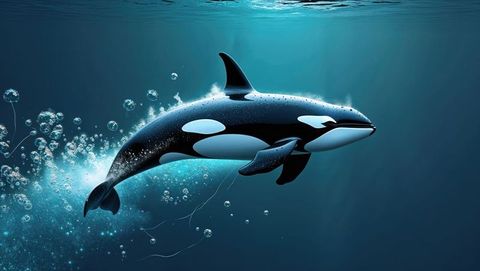 Gracious orca whale gliding underwater with gentle bubble trail