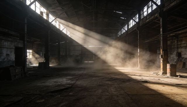 Sunbeams streaming through abandoned factory hall lifting dust over rusted columns
