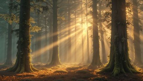 Misty Sunlit Forest at Dawn with Mossy Trees and Sunbeams