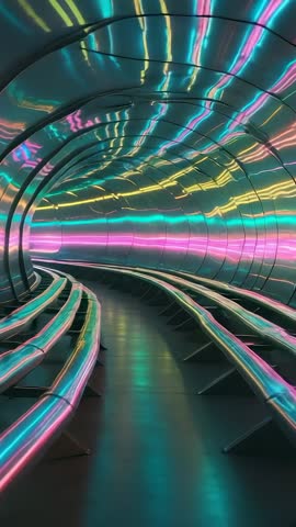 Vertical video drifting through neon-lit futuristic tunnel with reflective benches and LED ribbons