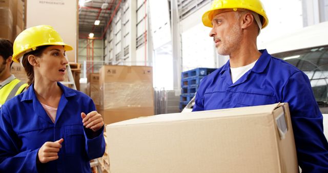 Warehouse Workers Communicating While Handling Box - Download Free Stock Images Pikwizard.com