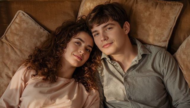Young couple lounging on velvet sofa basking in warm sunlight, intimate modern home moment