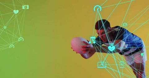 Lunging male athlete reaching to catch ball with neon network overlay sports tech concept