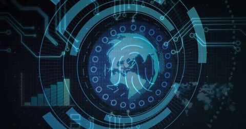Futuristic digital hud globe with concentric data rings and network analytics visualization