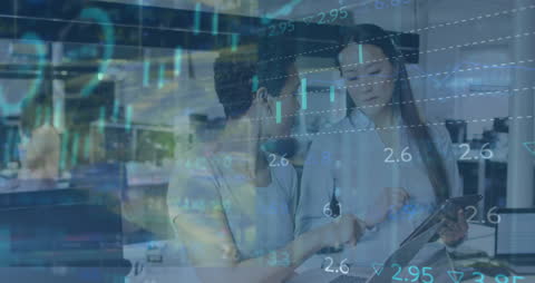 Animated Financial Data Overlaying Businesswomen Discussing Tablet