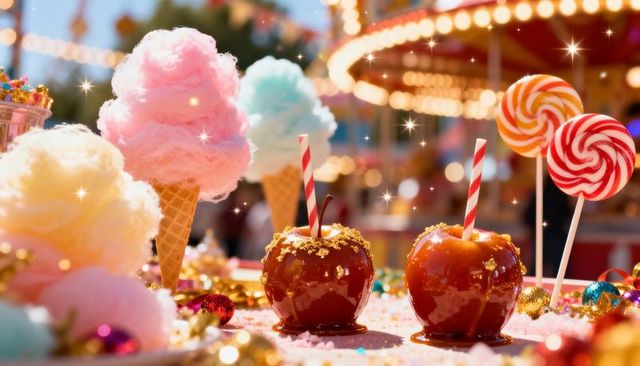 Sunlit carnival candy display with caramel apples, cotton candy cones, swirled lollipops