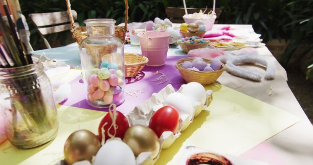 A festive Easter table setup in a garden embodies family traditions and childhood joy. - Download Free Stock Photos Pikwizard.com