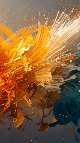 Vertical abstract paint explosion bursting into dynamic filaments, droplets and glitter